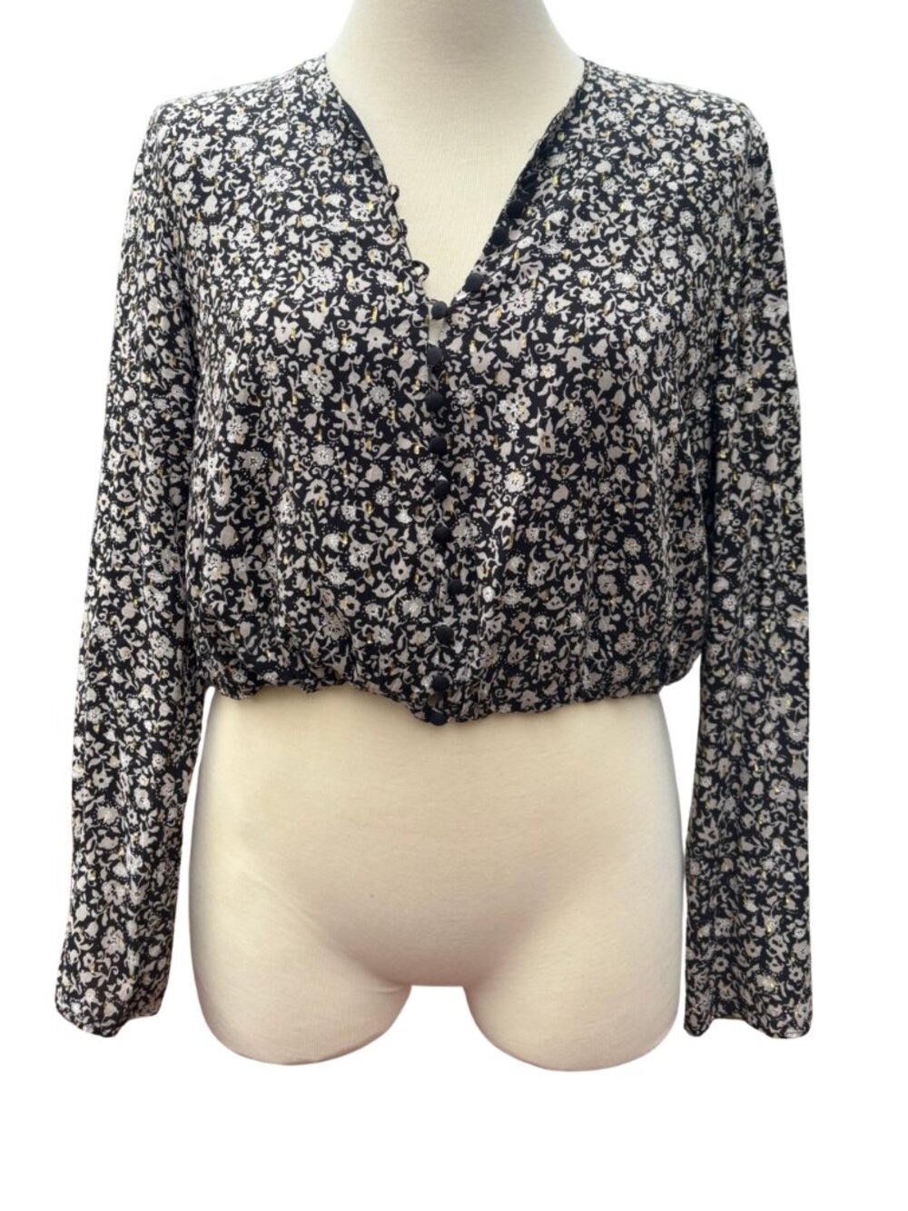 Zara Floral Black White Gold Button Front Crop Blouse Long Sleeve Size XL